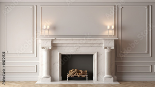 Large traditional fireplace with roaring fire. Empty mantle piece mockup shelf. Generative Ai