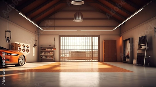 Open spacious empty garage photorealistic. Generative Ai