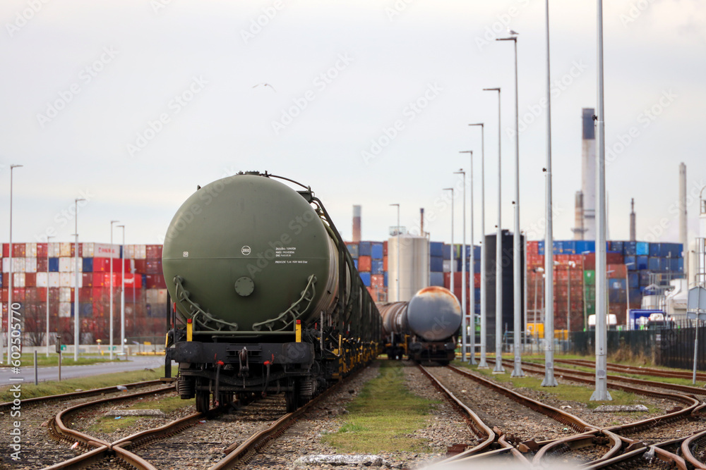 Tank wagons waiting for loading with chemicals in the port of Rotterdam Tank wagons waiting for loading with chemicals in the port of Rotterdam