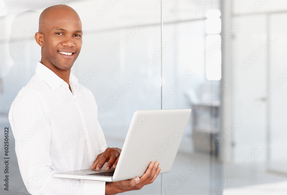 Portrait, business and black man with laptop in office to work on career or job with pride. Computer, male entrepreneur and African person from Nigeria in professional workplace with smile on mockup Portrait, business and black man with laptop in office to work on career or job with pride. Computer, male entrepreneur and African person from Nigeria in professional workplace with smile on mockup