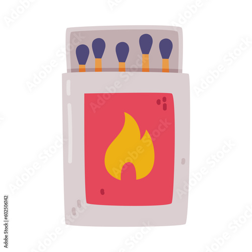 Matchbox and Matches as Small Wooden Sticks and Tool for Starting Fire Vector Illustration
