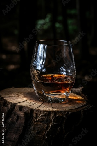 verre de scotch, de whisky ou de vieux rhum, posé sur un tronc d'arbre coupé dans la forêt, illustration boisson alcoolisée, ia générative