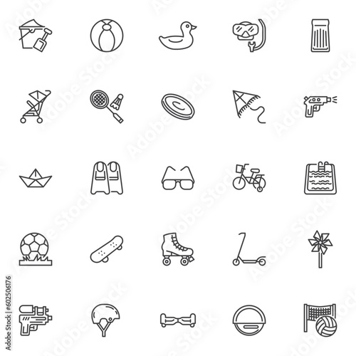 Summer toys line icons set