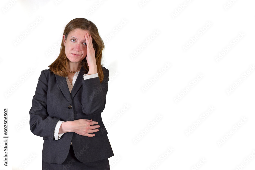 Mental Health & Stress Concept Featuring a Stressed Looking Business Woman on a White Background Mental Health & Stress Concept Featuring a Stressed Looking Business Woman on a White Background