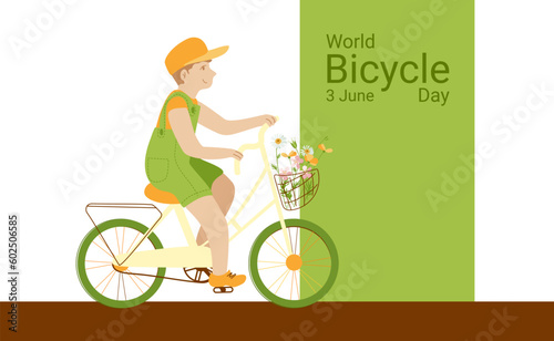World Bicycle Day boy on a bike on white background. Vector illustration for banner, decoration, postcards, print, fabric