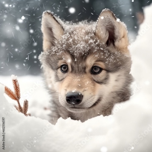 Cute Baby Wolf Puppy Playing in Winter Snow Portrait. Generative AI ©  Creative_studio