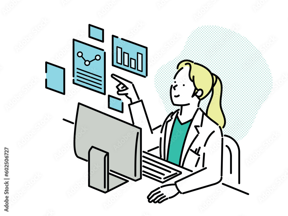 A woman in a lab coat is looking at a chart on a computer screen. A woman in a lab coat is looking at a chart on a computer screen.
