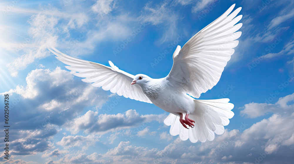 Fototapeta premium Dove in the air with wings wide open in-front of sky Generative AI