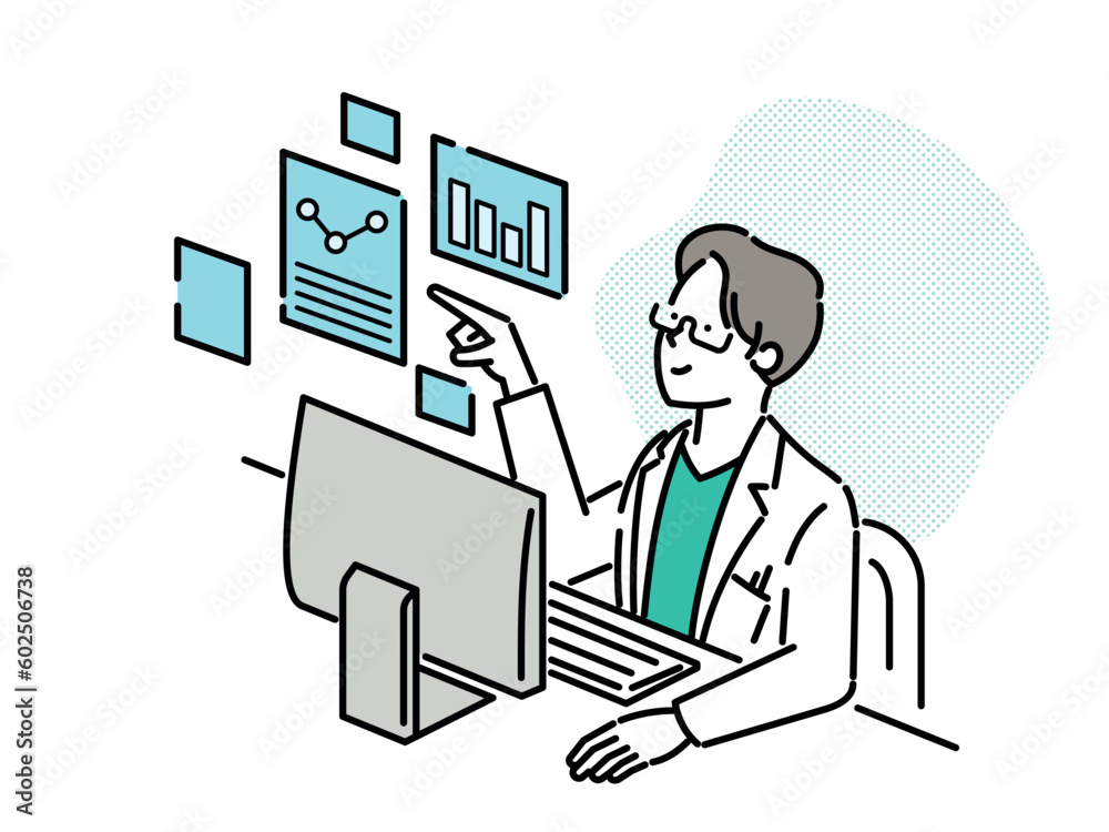 A man in a lab coat is looking at a chart on a computer screen. A man in a lab coat is looking at a chart on a computer screen.