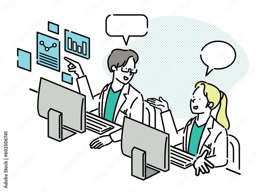 An office worker man and woman choosing between several options. An office worker man and woman choosing between several options.