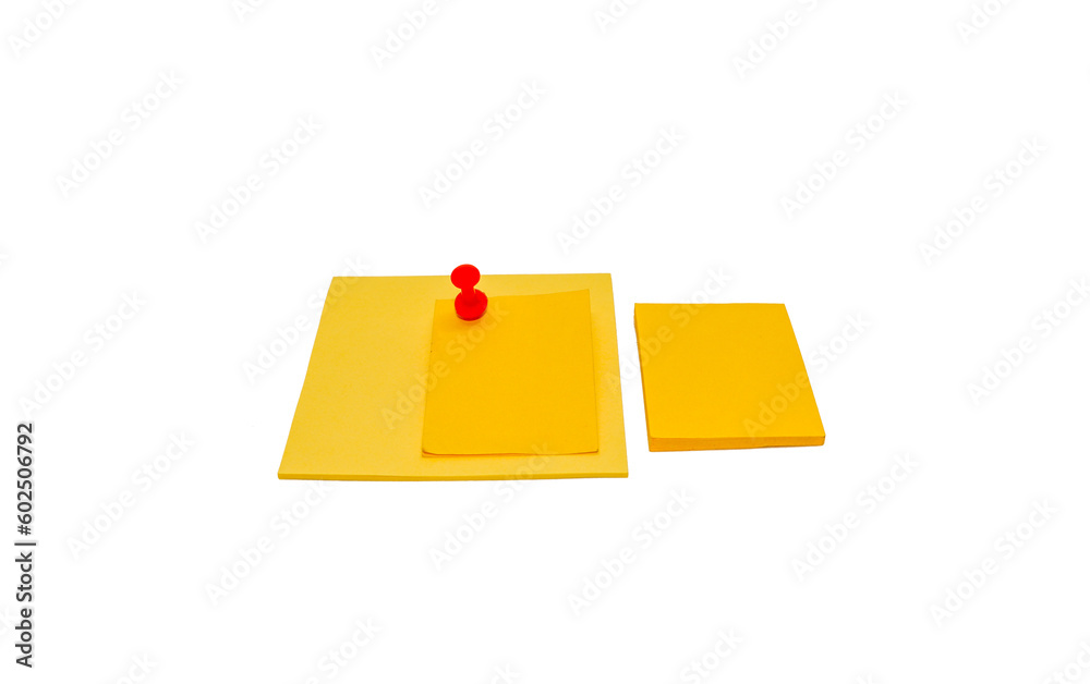 Yellow sticky notes and red pin needle isolated on transparent ...