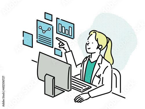 A woman in a lab coat is looking at a chart on a computer screen.