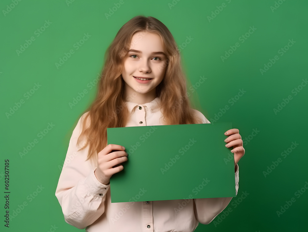 a fictional person, holding a blank board on isolated color background, generated with AI a fictional person, holding a blank board on isolated color background, generated with AI