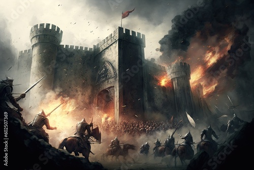 Storming of medieval castle fortress siege of city chaos. Generative AI AIG15.