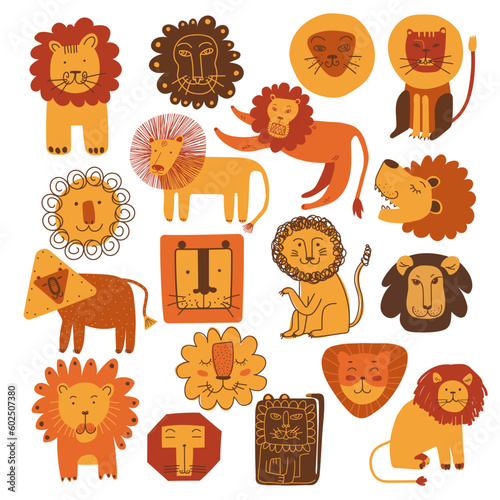 Funny Lion and Snout as African Animal with Mane Doodle Big Vector Set