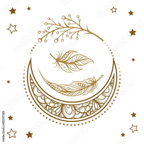 Golden cresent moon temporary tattoo. Ethnic style vector graphic.