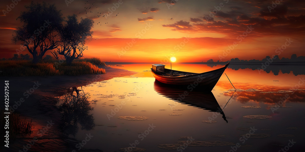 Beautiful intense golden hour sunrise effect and sunset on water, boat.