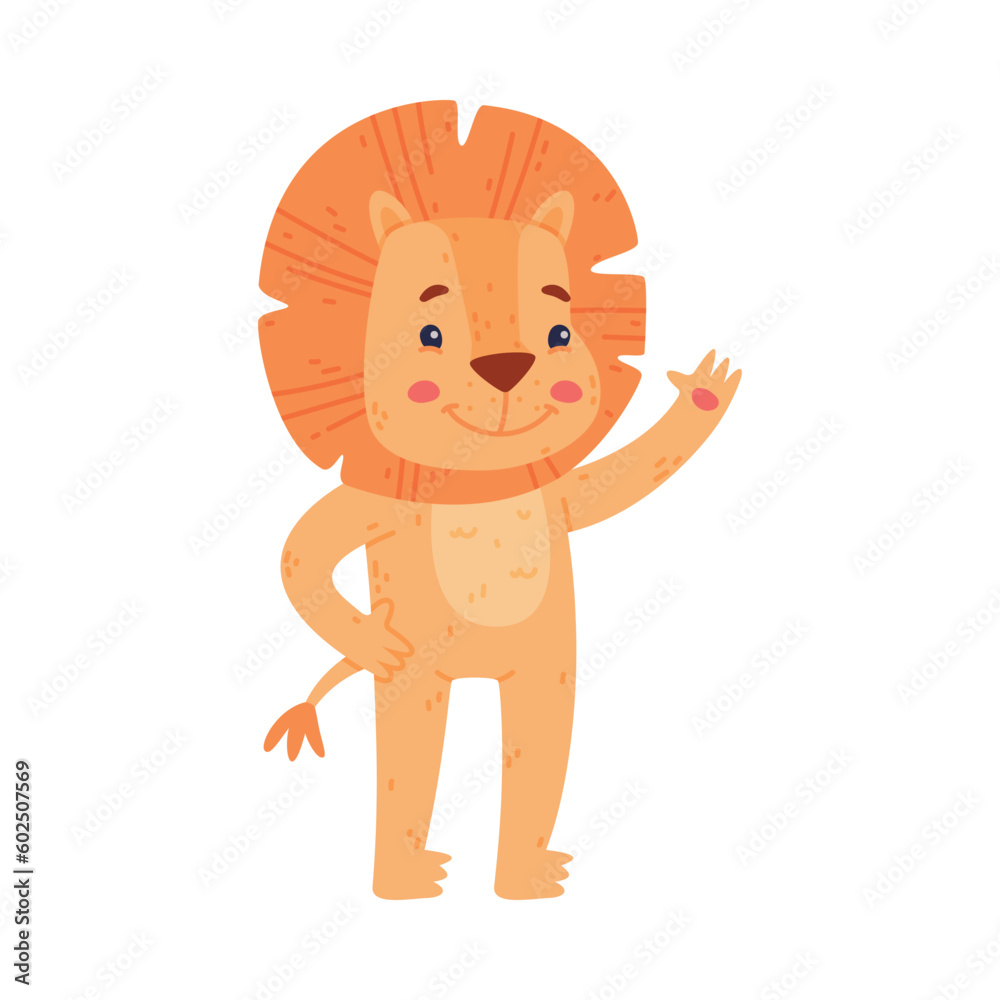 Funny Lion Character with Mane Waving Paw and Smiling Vector Illustration Funny Lion Character with Mane Waving Paw and Smiling Vector Illustration