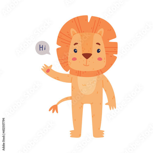 Fototapeta Naklejka Na Ścianę i Meble -  Funny Lion Character with Mane Greeting Saying Hi Vector Illustration