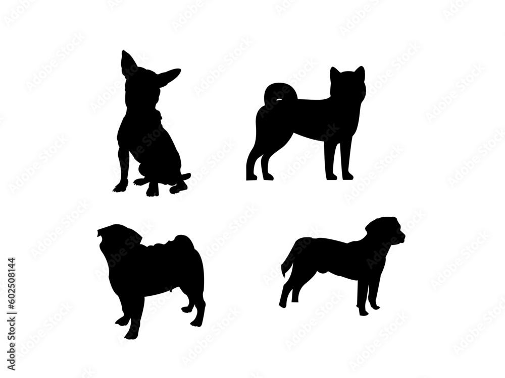 set of dogs silhouettes.Vector silhouette of dog on white background .Vector illustration of dog on a white and black .Ariégeois, Azawakh, Black and white vector., Dot vector icons.