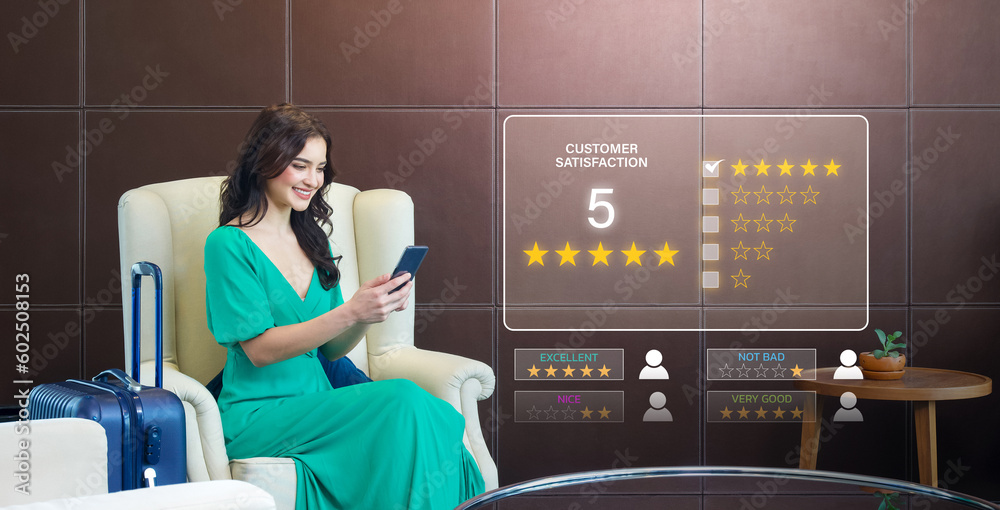 Tourist give rating to service experience on mobilephone, evaluate quality of service leading to reputation ranking of hotel business. Customer review satisfaction feedback survey concept. - obrazy, fototapety, plakaty 