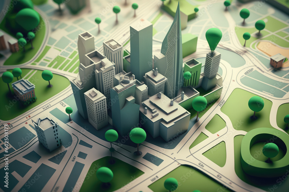 3d city map with 3d pointers location, gps, transport concept