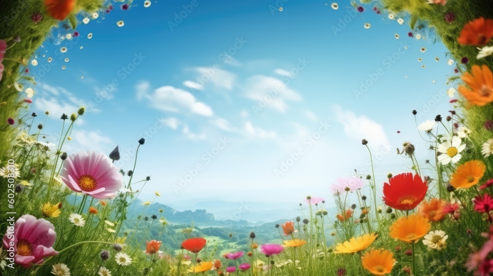 Fototapeta premium Beautiful sunny field full of different flowers. Round floral border or frame. Sunny meadow with wildflowers. Outdoor background with blue sky and copy space. AI generative image.