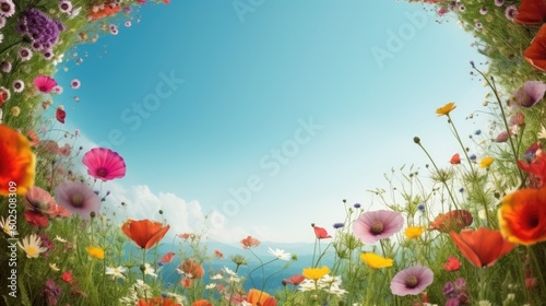 Beautiful sunny field full of different flowers. Round floral border or frame. Sunny meadow with wildflowers. Outdoor background with blue sky and copy space. AI generative image.