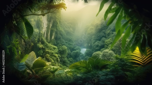 Beautiful jungle background with border made of tropical leaves. Exotic outdoor backdrop with copy space. AI generative image.