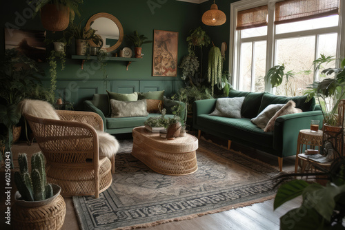 Chic boho living room with a velvet green sofa, woven rug, and plants in wicker baskets, generative AI