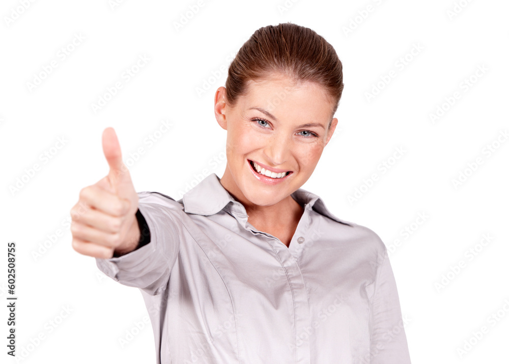 Happy woman, portrait smile and hand in thumbs up for success, winning or good job against a white studio background. Female person smiling and showing thumb emoji, yes sign or like for approval Happy woman, portrait smile and hand in thumbs up for success, winning or good job against a white studio background. Female person smiling and showing thumb emoji, yes sign or like for approval