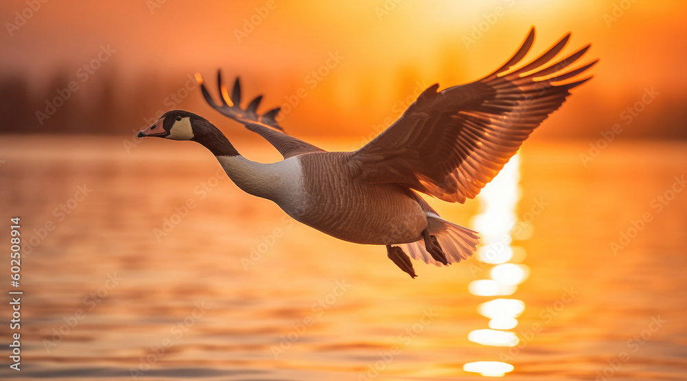 Fototapeta premium Flying goose at sunset in warm colors