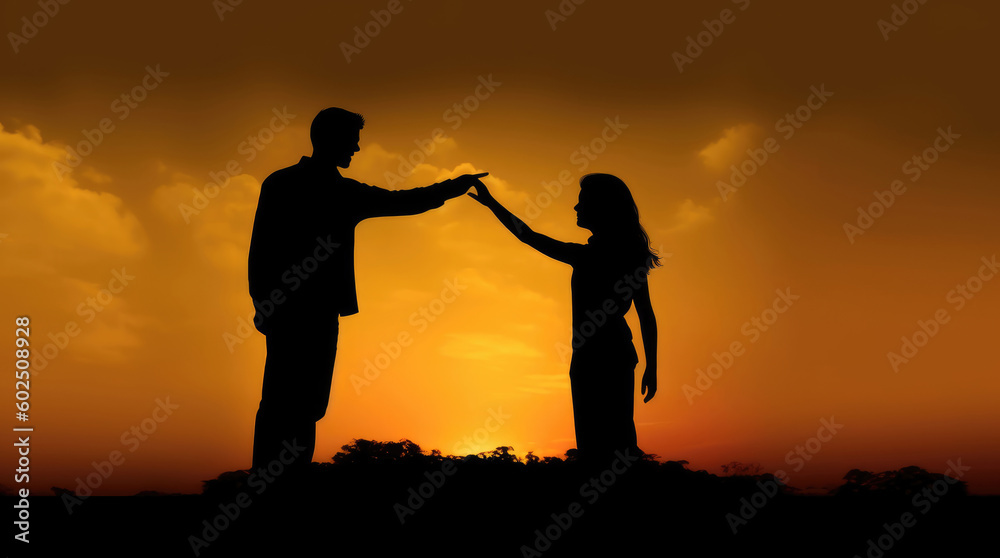 Silhouette of a man and a woman reaching out to each other in the sunset sky