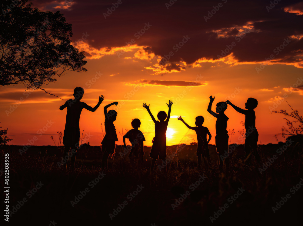 Fototapeta premium Silhouettes of children playing against the backdrop of the sunset sky