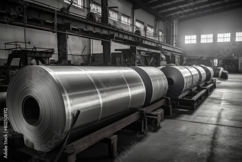 Large aluminium steel rolls in the factory, generative AI