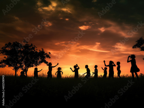 Silhouettes of children playing against the backdrop of the sunset sky © Tatiana