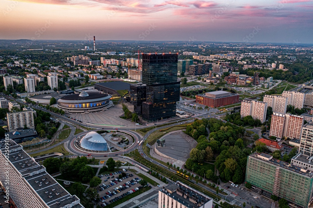 Obraz na płótnie Aerial drone photo of Katowice city center and office buildings towers with roundabout. Katowice, Silesia, Poland w salonie
