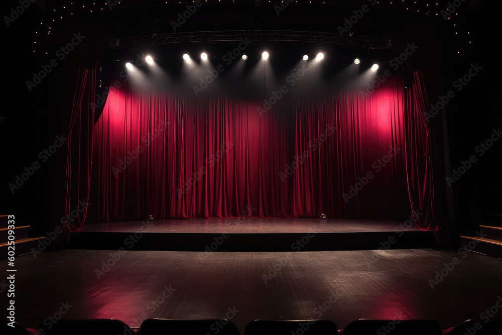 Theater stage with red curtains are opening with spotlight performance lights showing, generative AI - obrazy, fototapety, plakaty 