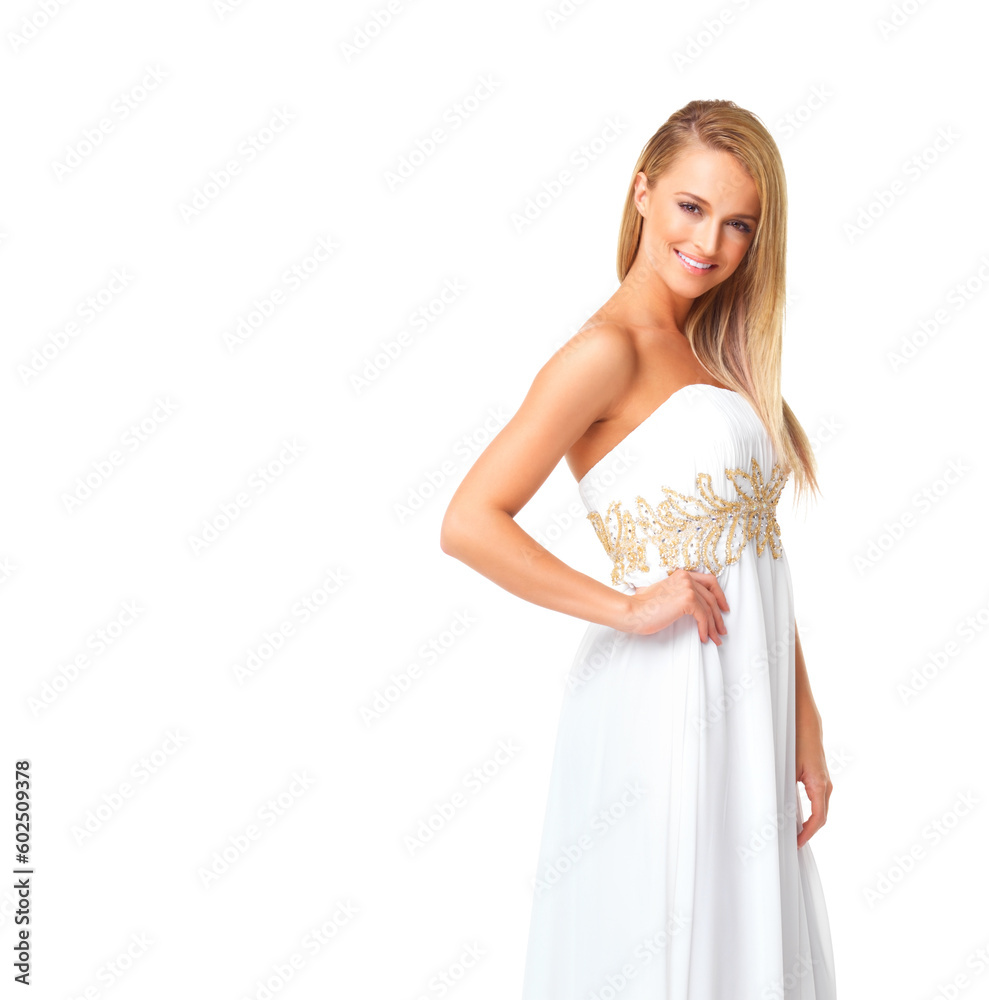 Fashion, beauty and portrait of woman in prom dress for party, celebration or formal in mockup. Couture, designer or luxury with girl in evening gown isolated on white background for elegant style