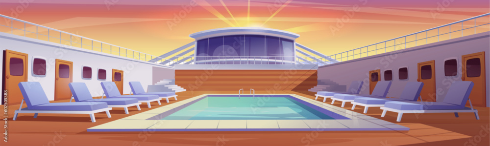 Fototapeta premium Sunrise on pool cruise ship deck with swimming pool interior cartoon illustration. Luxury summer yacht with lounge relax poolside and door. Orange sky in morning ocean vacation on marine transport