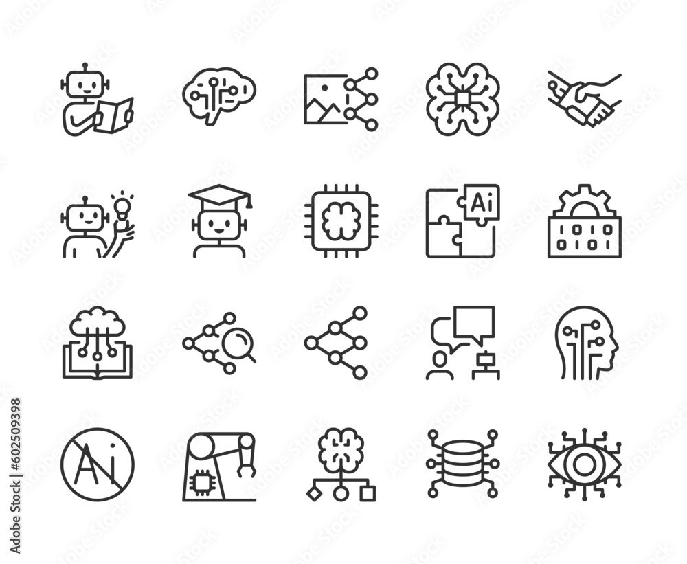 Machine learning, neural networks, icon set. Bot, artificial intelligence. Learning algorithms on a database, linear icons. Applications in spheres of life and activities. Line with editable stroke