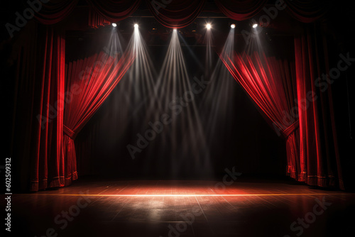 Theater stage with red curtains are opening with spotlight performance lights showing, generative AI