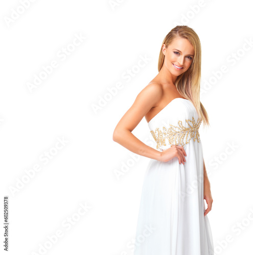Fashion, beauty and portrait of woman in prom dress for party, celebration or formal in mockup. Couture, designer or luxury with girl in evening gown isolated on white background for elegant style © Yuri Arcurs/peopleimages.com