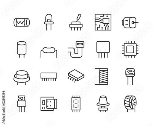 Electronic Components, icon set. Elements of electronic circuits and devices. microchips, transistors, capacitors, resistors, diodes etc, linear icons. Line with editable stroke