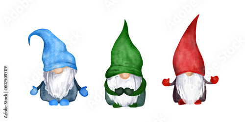 Scandinavian christmas gnomes family. Set of character nordic magic dwarves. Watercolor vector illustration