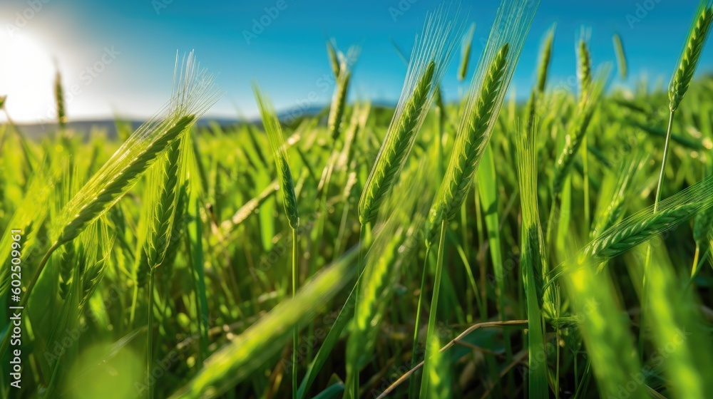 Obraz premium Lush green wheat field, brimming with vitality under a vibrant blue sky. Generative AI