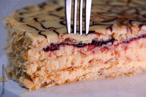 cut with fork delicious dessert eat enjoyment pleasure Estergazi nut cake is popular in Hungary, Austria and Germany Named after the Hungarian diplomat Prince photo
