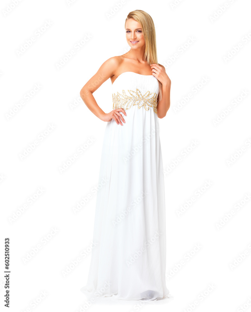White dress on elegant, fashion and beauty woman ready for prom, wedding or formal event against a white studio isolated background. Bride or bridesmaid feeling confident in a luxury designer gown White dress on elegant, fashion and beauty woman ready for prom, wedding or formal event against a white studio isolated background. Bride or bridesmaid feeling confident in a luxury designer gown