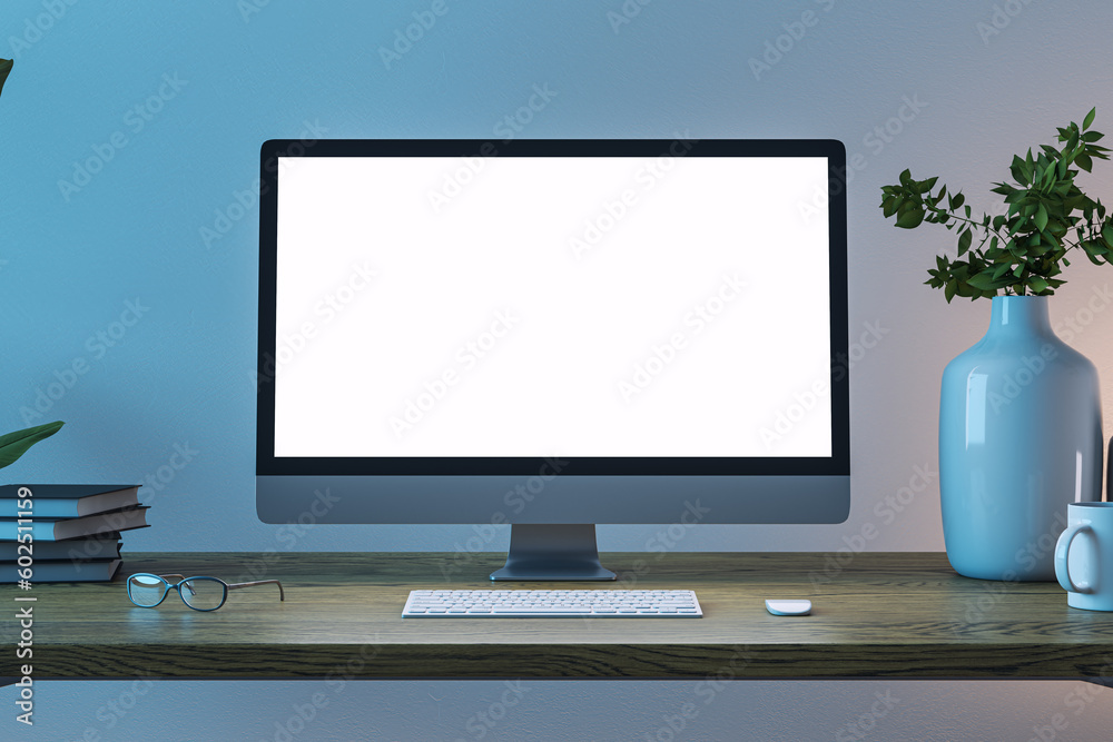 Front view on blank white modern computer monitor with space for web design, website, landing page on wooden work table with eyeglasses and keyboard on dark wall background. 3D rendering, mock up Front view on blank white modern computer monitor with space for web design, website, landing page on wooden work table with eyeglasses and keyboard on dark wall background. 3D rendering, mock up