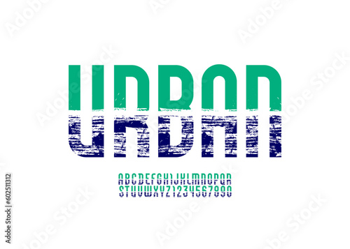 Texture high font, long alphabet, narrow colored uppercase letters and numbers made texture effect, vector illustration 10EPS